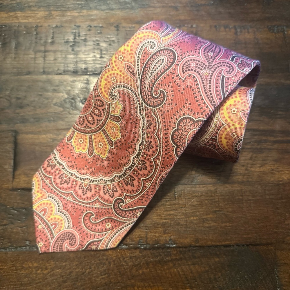 Men's Vintage Isaac Mizrahi Paisley Silk Tie - Coral and Gold